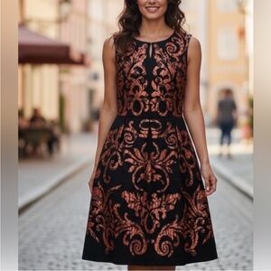 Yoana Baraschi black orange/copper metallic floral lace fit & flare dress size 2